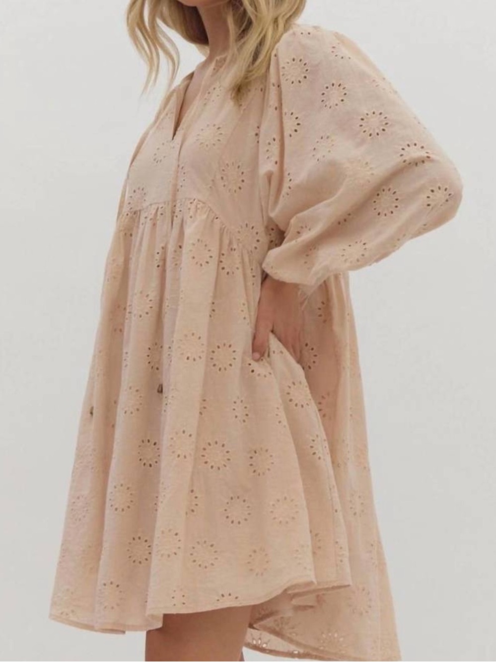 Entro Eyelet Babydoll Mini Dress in Blush - Picture 1 of 13